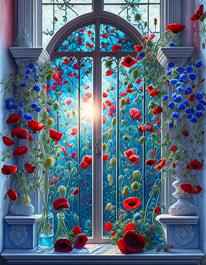 Colorful red poppies and blue flowers bloom around ornate window under setting sun.