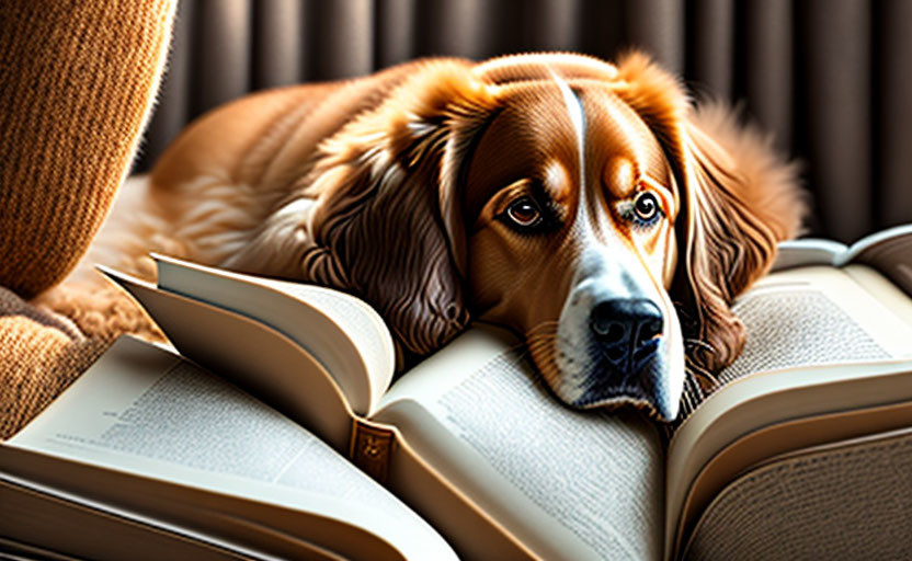 Golden-brown dog resting muzzle on open book evokes calm and curiosity