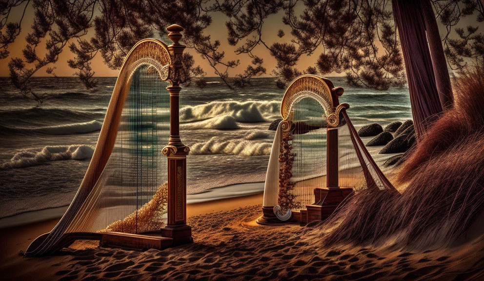 Harps on sandy beach with waves, trees, and purple fabric