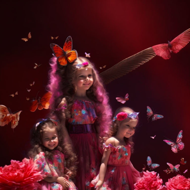 Three girls in floral dresses with butterflies on red background