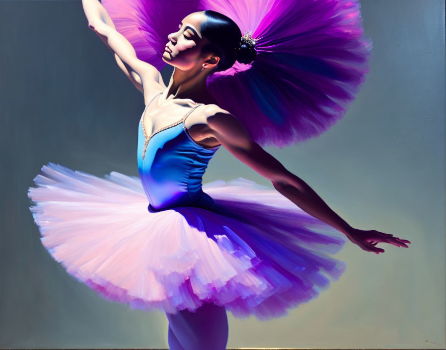 Graceful ballet dancer in blue and purple costume with blurred tutu.