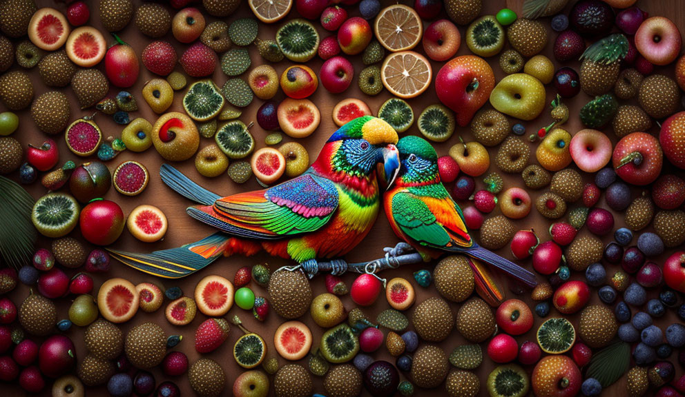 Colorful Parrots Surrounded by Vibrant Fruits