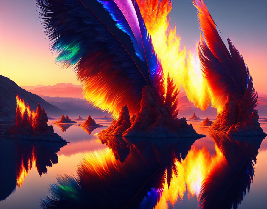 Fiery Phoenix Wings Artwork Over Tranquil Water at Twilight