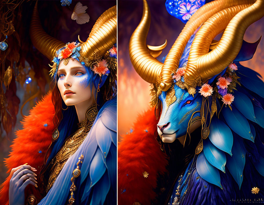 Person adorned with blue and orange plumage, majestic horns, and butterflies.