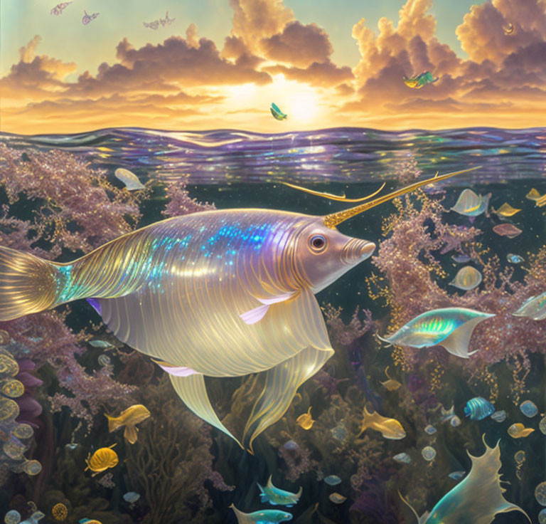 Colorful Fish Swimming Among Coral Reefs at Sunset