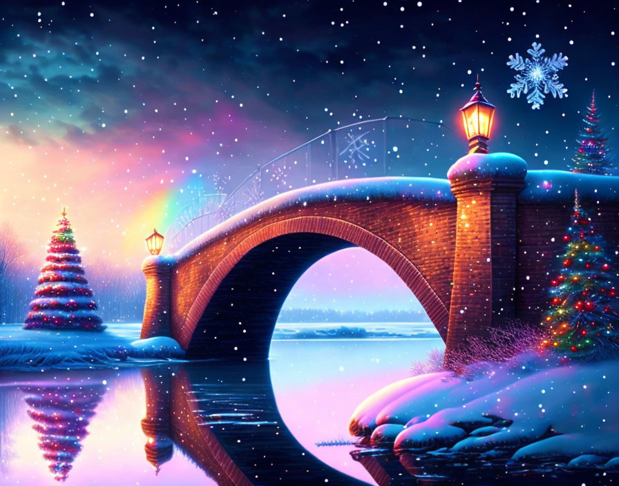 Winter night digital art with illuminated bridge, Christmas trees, and starry sky