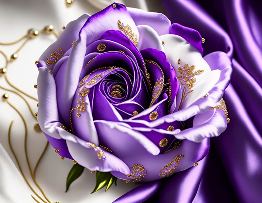 Purple Rose with Gold Accents on White Background with Golden Beads