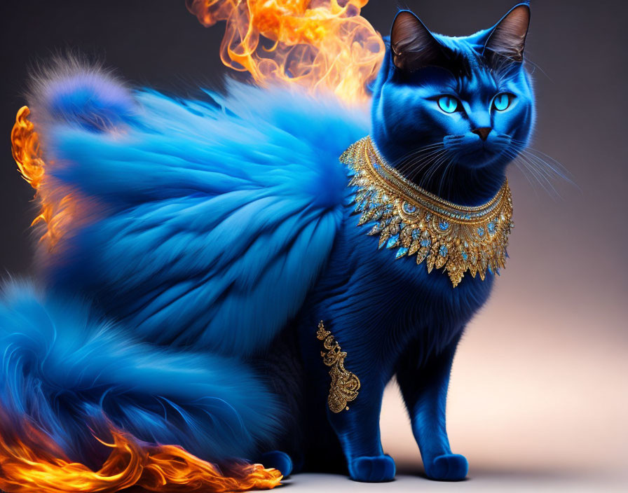 Blue Cat with Flaming Tails and Golden Necklace, Bright Blue Eyes