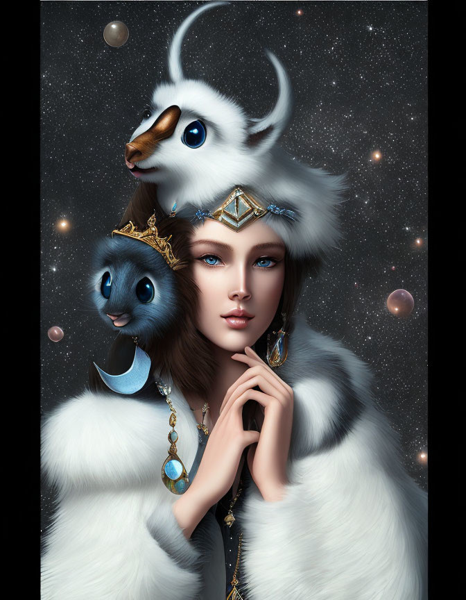 Woman with blue eyes and fantastical creatures in elegant jewelry.