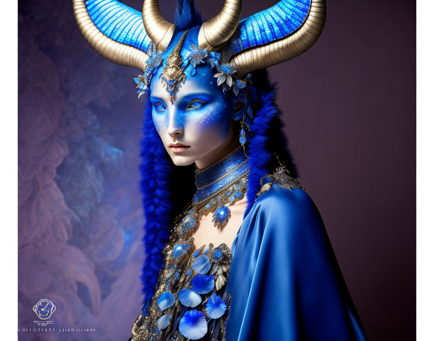 Elaborate fantasy makeup and costume with blue skin and horns pose dramatically