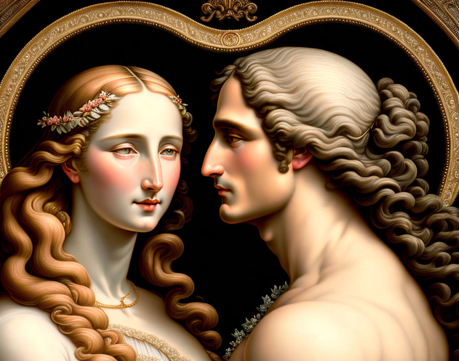 Classical Style 3D Digital Artwork of Woman and Man with Floral Crown