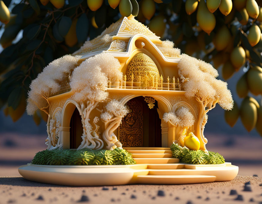 Miniature Fantasy Treehouse with Golden Accents in White Tree Surroundings