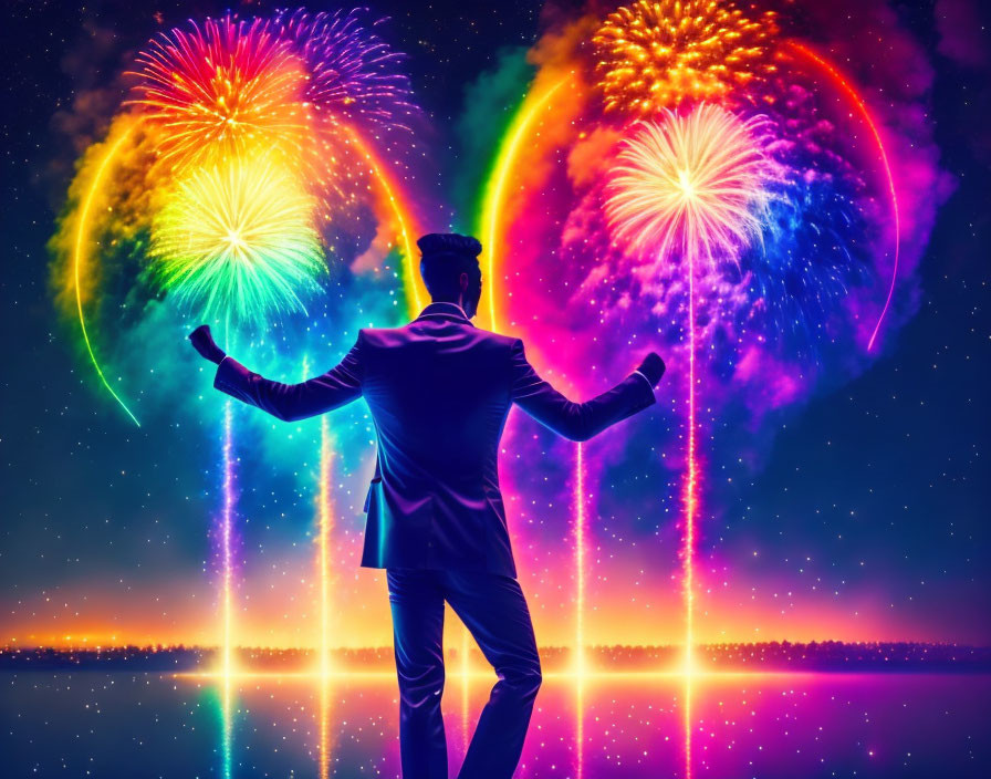 Silhouetted man in suit under vibrant multicolored fireworks