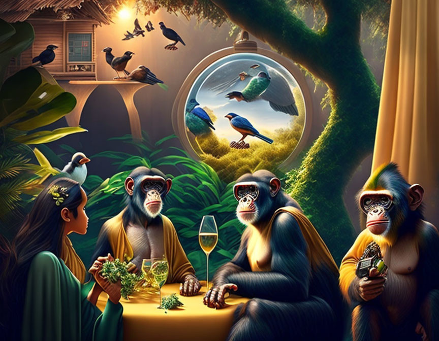 Monkeys, human, birds, and fish in stylish nature scene