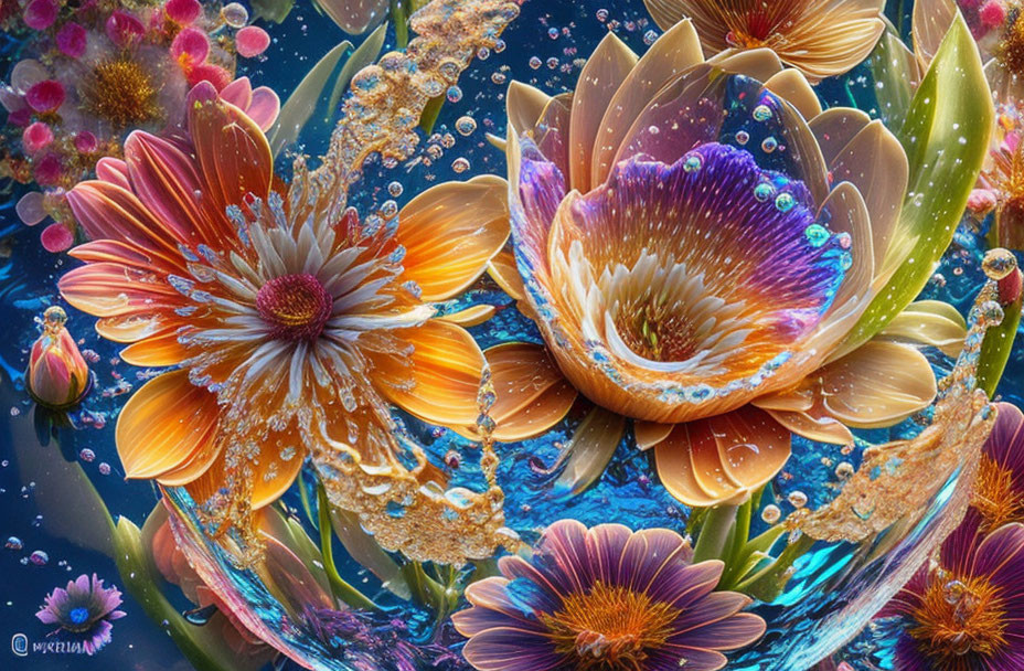 Digitally-enhanced flowers with water droplets and floating orbs in surreal underwater scene