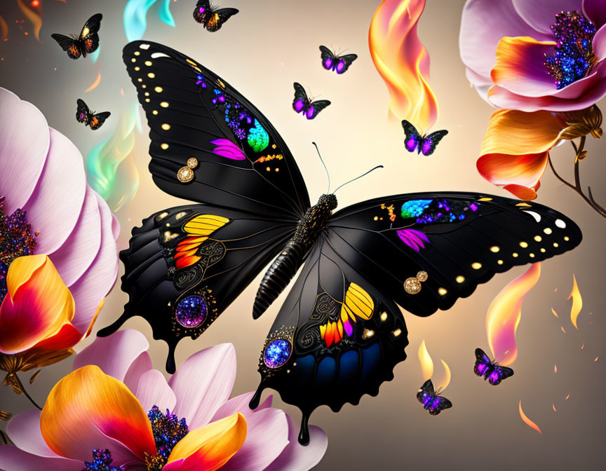 Colorful Butterfly Artwork with Flowers, Flames, and Small Butterflies