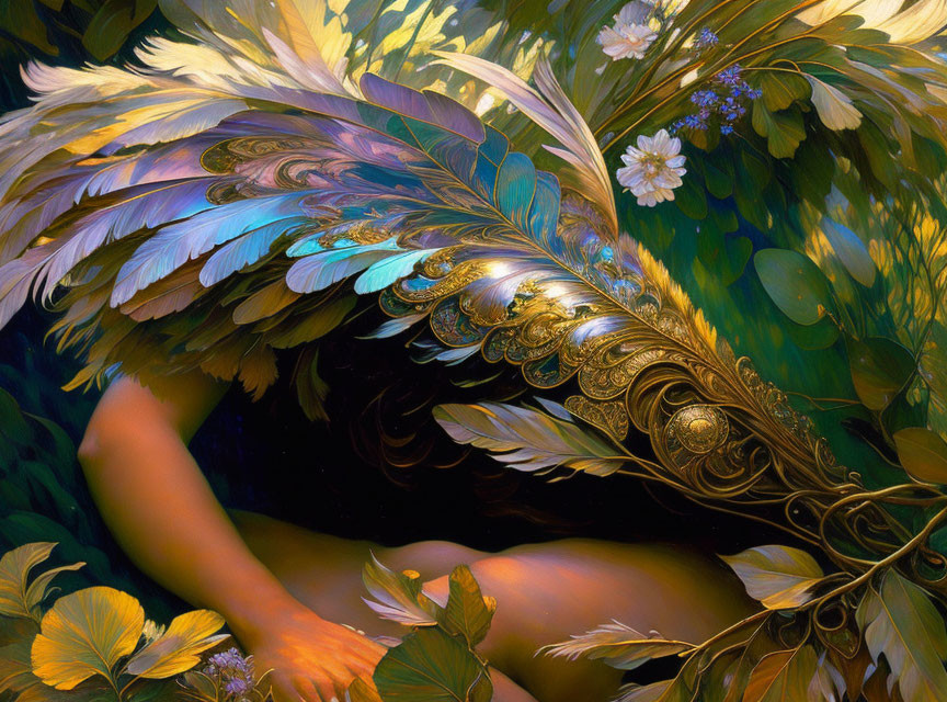 Fantasy digital art: Human-avian figure with colorful feathers and plants