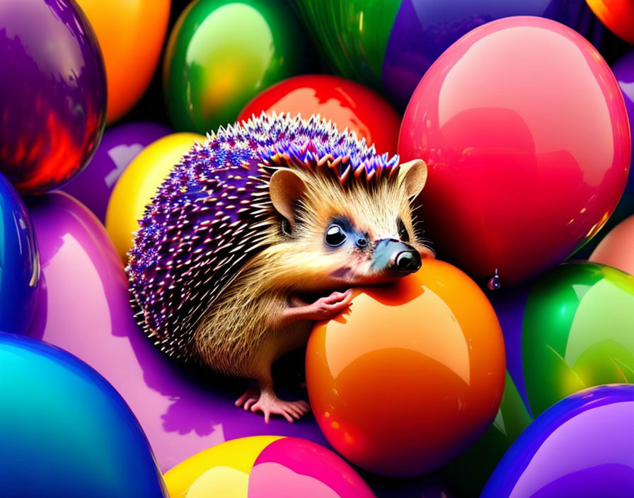 Vibrant digital artwork featuring hedgehog and balloons