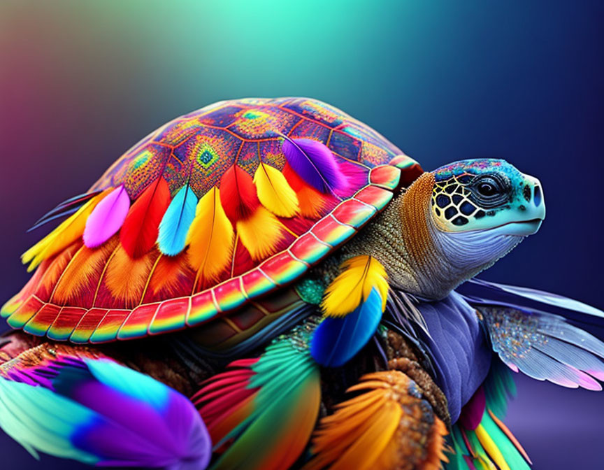 Colorful Turtle with Intricate Shell Patterns and Feathers on Gradient Background