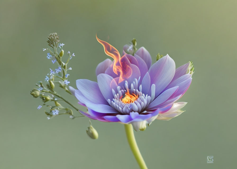 Purple Lotus Flower with Fiery Orange Center and Small Flames on Soft Green Background