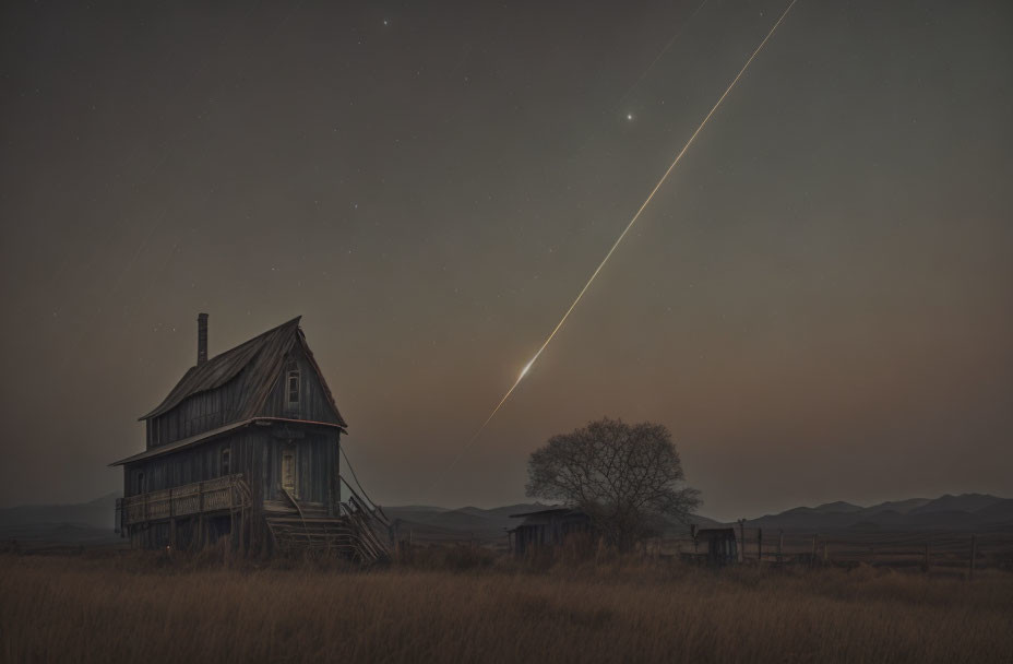 Rustic wooden house under starry night sky