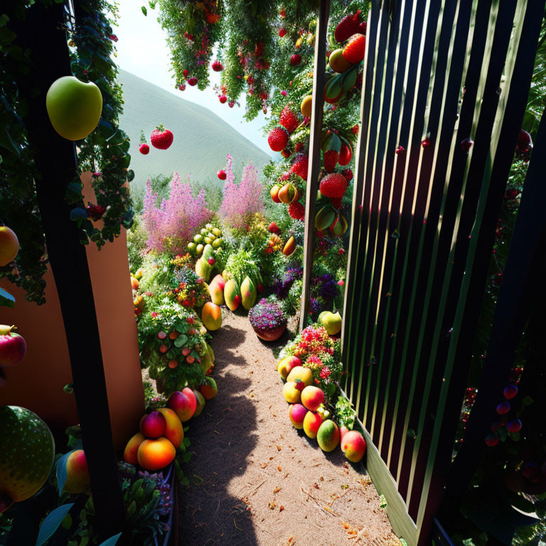 Vibrant fruits and flowers in surreal garden path