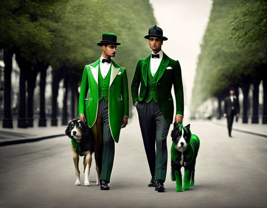 Men in green suits with top hats walk dogs on tree-lined street