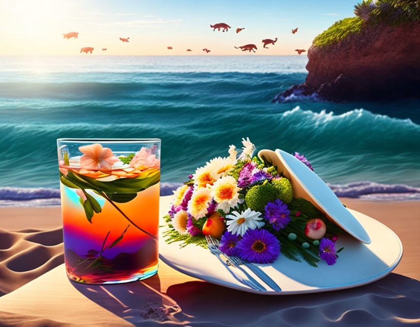 Colorful Cocktail and Flowers on Beach with Flying Horses at Sunset