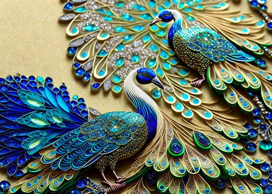 Ornate Peacock Figures with Vibrant Colors and Intricate Patterns