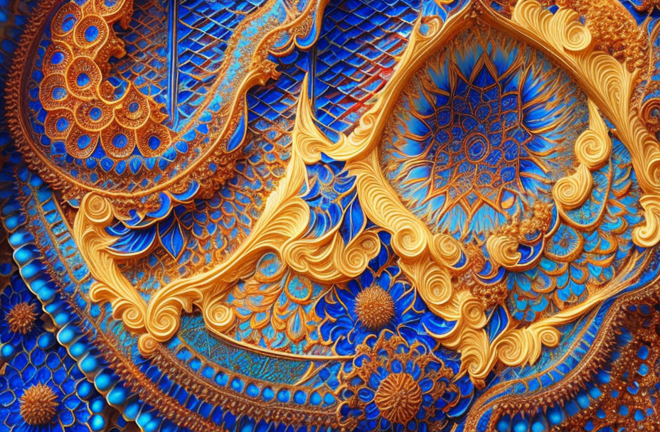 Intricate Blue and Gold Fractal Design with Swirls and Geometric Shapes