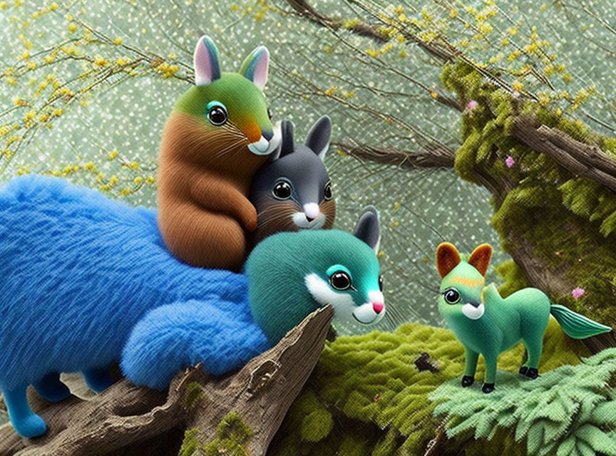 Colorful Stylized Squirrel-Like Creatures Amid Greenery