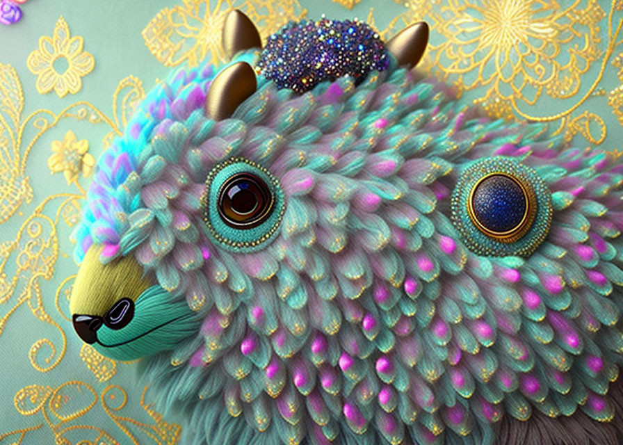 Fantasy creature with teal fur and jeweled eyes on patterned background