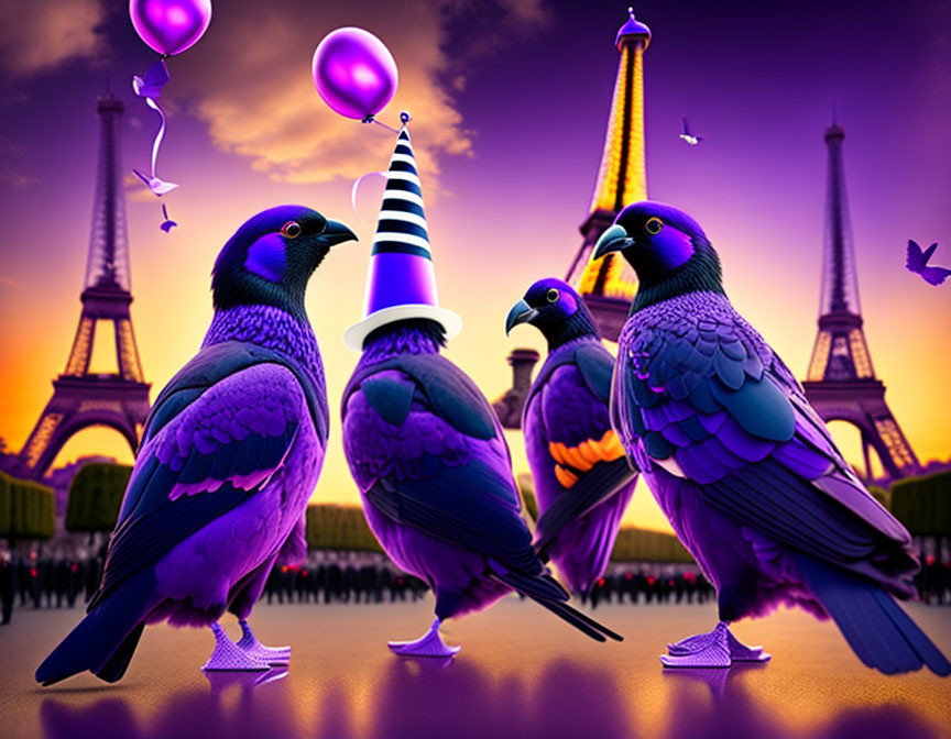 Three purple pigeons with party hats in front of Eiffel Tower at sunset