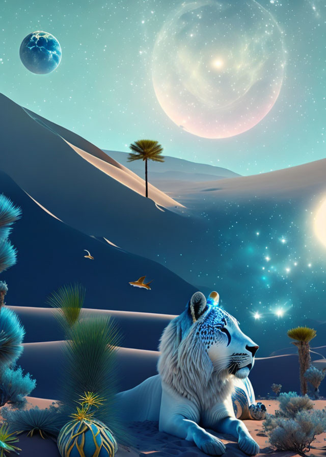 Tranquil digital artwork of blue lion under starry sky