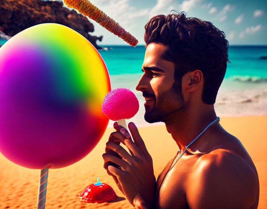 Man admiring colorful lollipop on beach with turquoise waters and blue sky