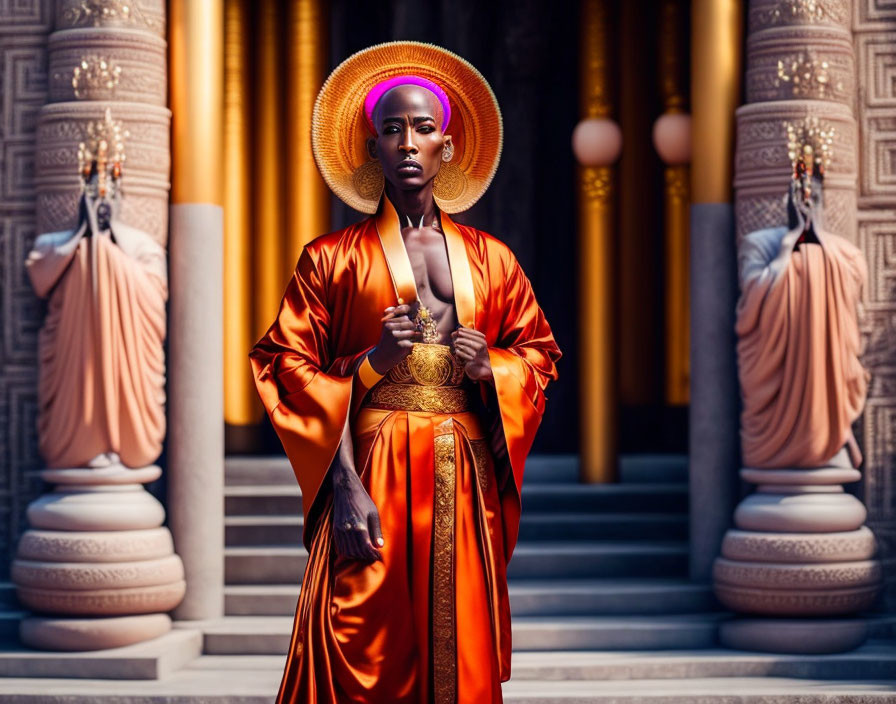 Elegant person in orange robe with gold accents and sun hat standing confidently between classical columns