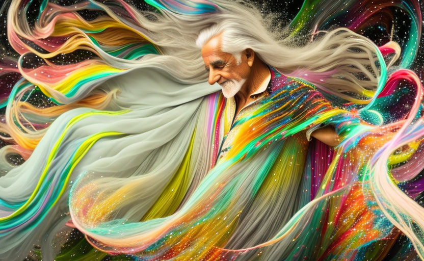 Elderly man with long hair and beard in colorful cosmic swirl