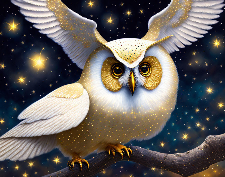 Stylized white owl with golden spots on branch in starry night scene