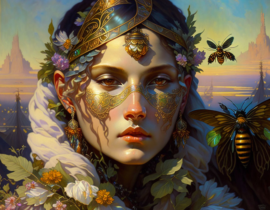 Woman portrait with golden facial jewelry, floral diadem & bees, regal nature theme