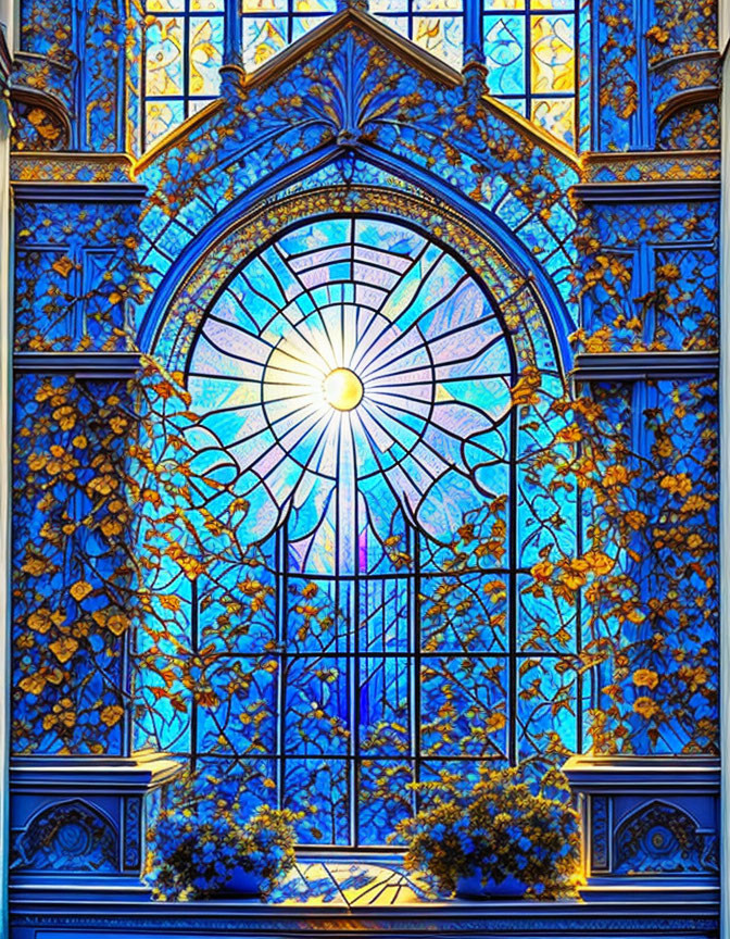 Intricate Stained Glass Window with Radiant Central Motif