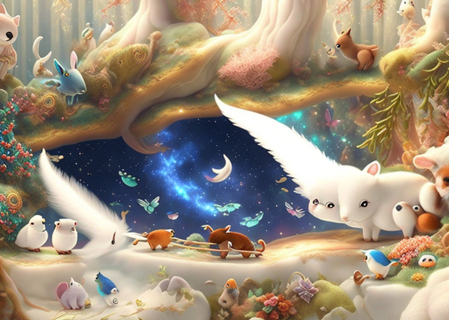 Whimsical forest scene with cute animals, trees, and night sky