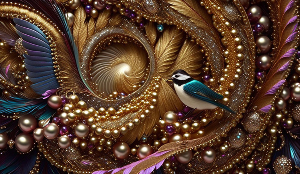 Colorful digital artwork: Small bird amidst golden swirls, feathers, pearls.