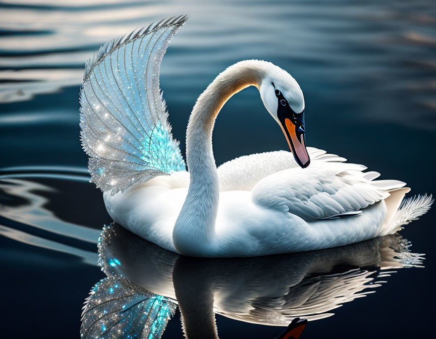 White Swan with Luminous Blue Wing Reflected on Dark Waters