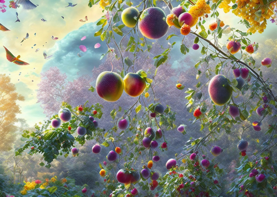 Colorful surreal landscape with oversized fruits, lush greenery, flying birds.