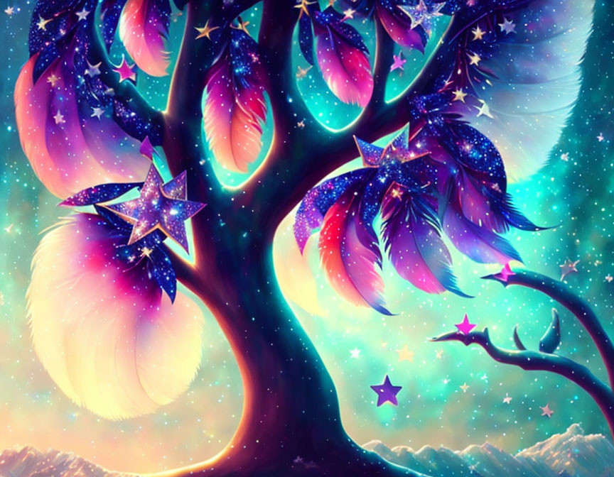 Colorful magical tree with starry leaves on celestial backdrop