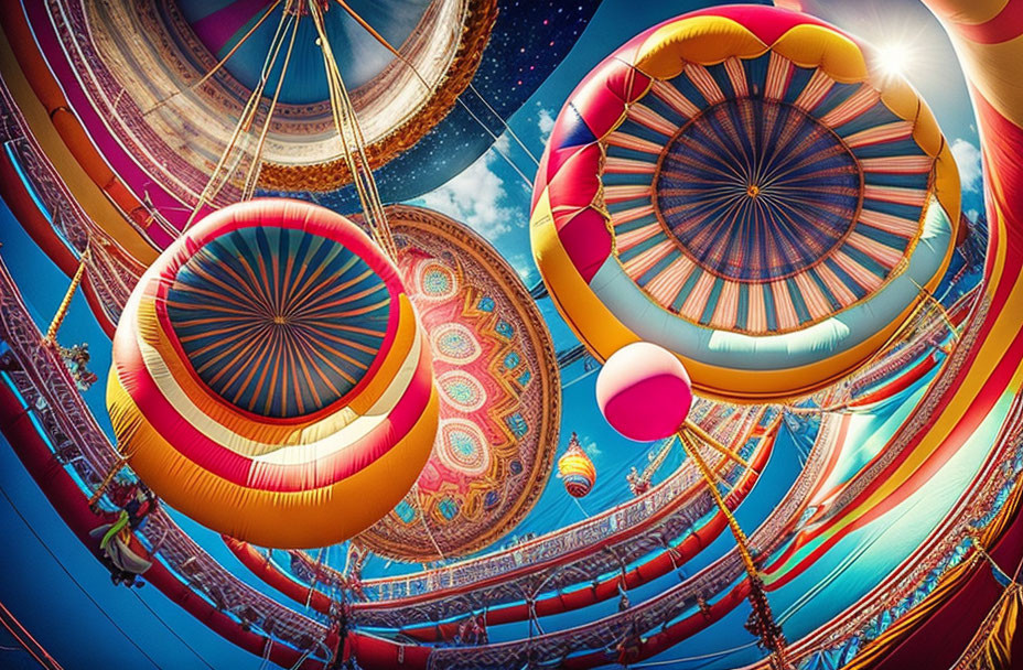 Colorful hot air balloons with intricate patterns against clear blue sky and a person hanging from one basket among