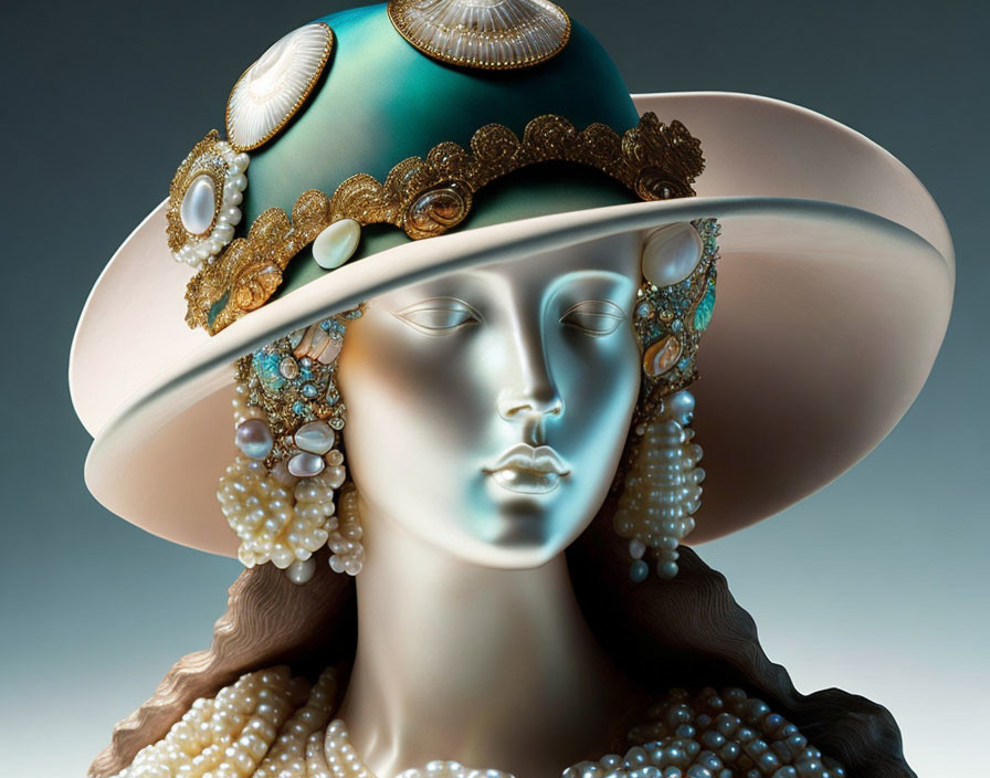 Mannequin head with elegant sea-themed hat adorned with pearls, shells, and gemstones