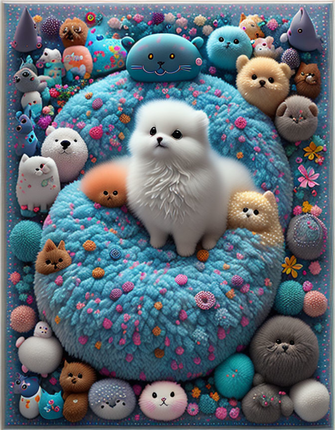 Fluffy white cat with colorful plush toys and cushions