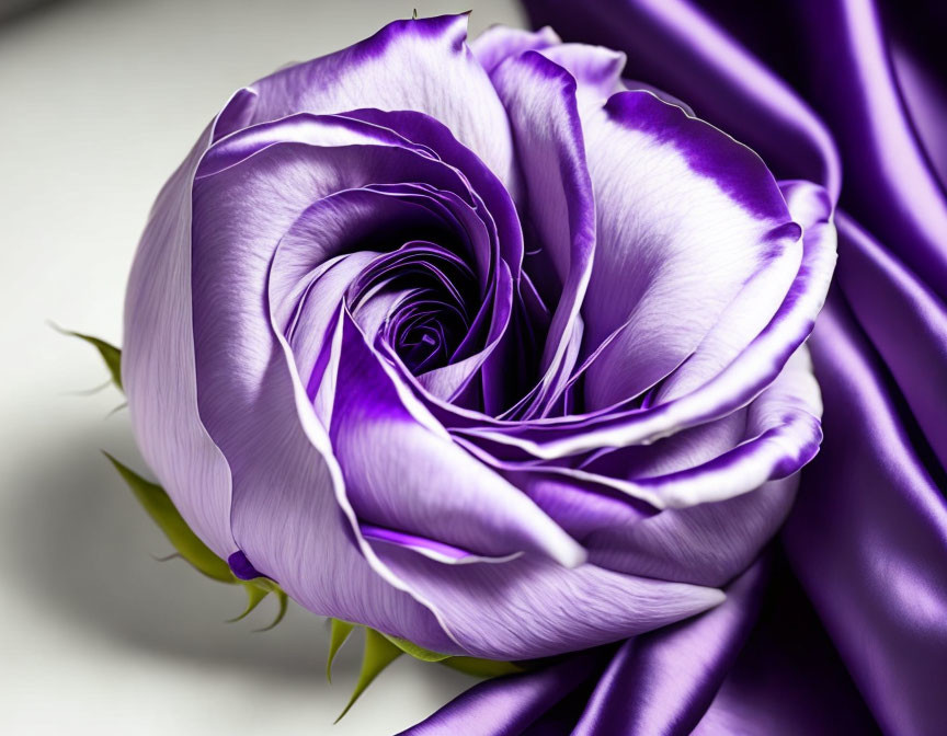 Detailed close-up of purple rose on silk fabric showcasing intricate petals and delicate texture