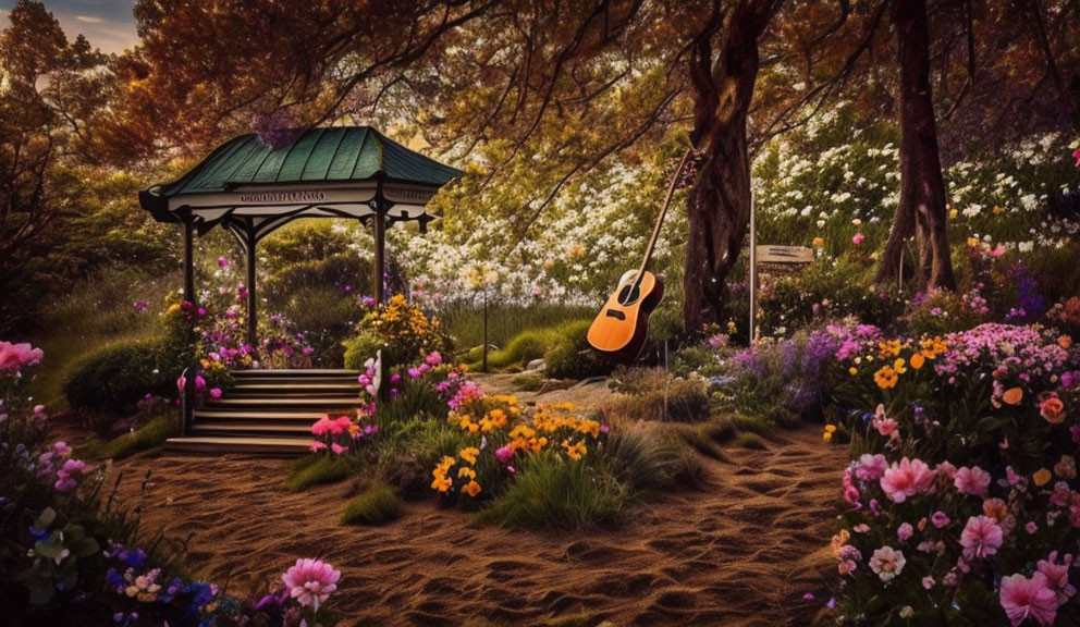 Colorful Flower Garden with Guitar in Wooden Gazebo